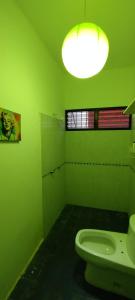 a green bathroom with a toilet and a light at Hospedaje Entre Amigos in Comalcalco