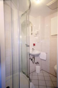 a bathroom with a shower and a sink at Classic Inn in Heidelberg