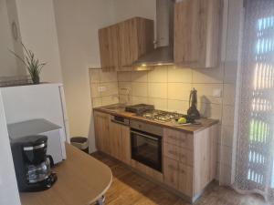 a kitchen with a sink and a stove top oven at Villa Müller in Poreč