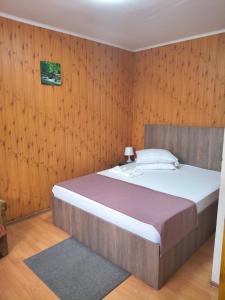 a bedroom with a bed with wood paneling at Pensiunea Valea Negrasului in Trăisteni
