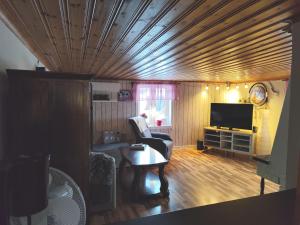 a living room with a couch and a tv at Charming red cottage in Vaderstad SE10024 in Väderstad +23 photos