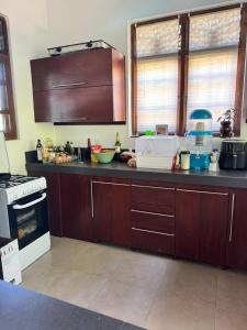 a kitchen with wooden cabinets and a counter top at The Ellen Horizon in Ganegama South