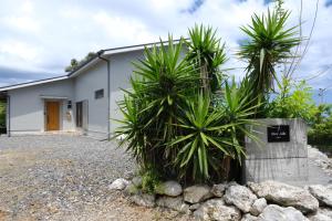 a white building with palm trees in front of it at スローライフ喜界 in Onozu