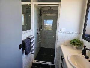 a bathroom with a shower and a sink at Magic at the Mouth in Nelson +38 photos