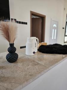 a black vase with a feather in it on a counter at شاليه العهد Al Ahad in Badīyah