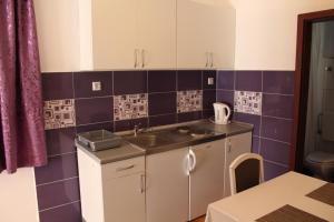 a small kitchen with a sink and purple tiles at Casa Agava Becici in Bečići +30 photos