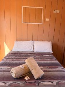 a bed with a towel on top of it at Cadney Park Accommodation in Coober Pedy