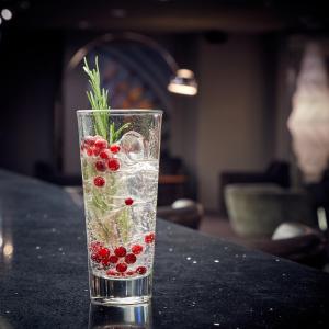 a glass of water with cranberries in it on a table at GLO Hotel Airport in Vantaa