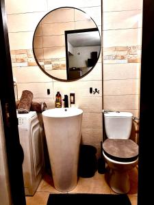 a bathroom with a sink and a toilet and a mirror at GZP Residence Lugoj 21 in Lugoj