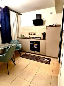 a kitchen with a refrigerator and a table and a chair at GZP Residence Lugoj 21 in Lugoj