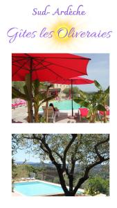 two pictures of a resort with a red umbrella and a pool at Gîte Acacia in Rosières