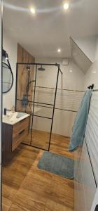 a bathroom with a shower and a sink at Rest & Relax Górzyniec in Piechowice +14 photos