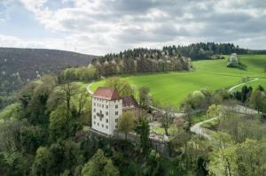 an aerial view of a building on a hill at Eventlocation & Hotel Schloss Neuburg in Obrigheim