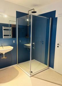 a bathroom with a glass shower and a sink at Ferienhaus Landleven in Hessenburg