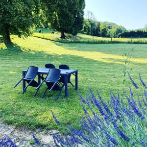 a picnic table with four chairs in a field at Longère 6-8 personnes - L'Ecrin Vert in Loison-sur-Créquoise