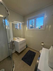 a bathroom with a white sink and a shower at Large Family Friendly Apartment in Lillehammer