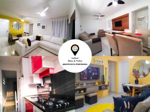 eine Fotocollage eines Wohnzimmers und einer Küche in der Unterkunft Bate & Volta - Apartamentos com 2 quartos próximo ao SESC Bertioga in Bertioga