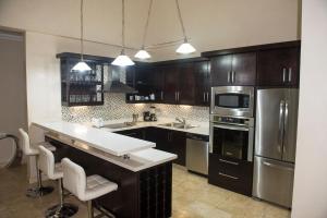 una cocina con armarios de madera y electrodomésticos de acero inoxidable en Hispaniola Luxury Ocean Front Condo en Sosúa