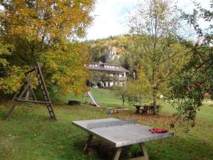 a picnic table in the yard of a house at Café-Pension Krems in Waischenfeld +39 photos
