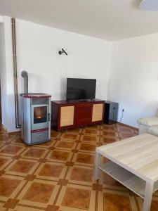 a living room with a fireplace and a tv at Rekreační dům Strachotín in Strachotín