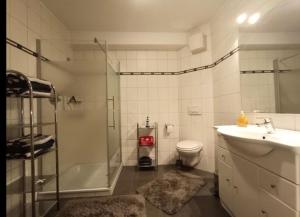 a bathroom with a shower and a sink and a toilet at Kinderparadies Norddeich in Norddeich