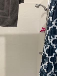 a bathroom with a shower with a blue and white shower curtain at Le Cocoon Elite in Beynost