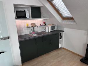 a small kitchen with a sink and a microwave at Apel Apartments 2 in Nörten-Hardenberg
