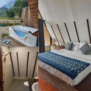 two pictures of a bedroom with a tub and a bed at Vangvieng Angsavanh Resort in Vang Vieng