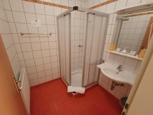 ein Badezimmer mit Dusche und Waschbecken in der Unterkunft Georgshof in Podersdorf am See + 29 Fotos