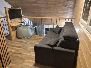 a living room with a couch and a television at Le Chalet des Pas Sages in Longevilles-Mont-dʼOr