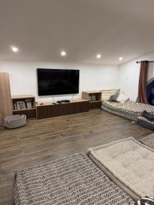 a large living room with a flat screen tv at Villa Arbevhio in Bonifacio