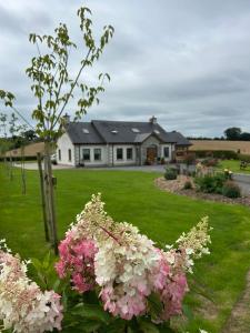 a house with pink and white flowers in a yard at Edenmore Cottage Bed & Breakfast in Moorefield
