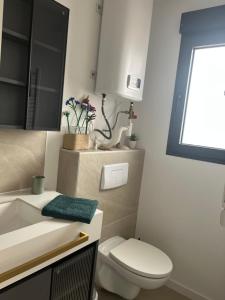 a bathroom with a white toilet and a sink at Sof tiny in Moyenmoutier