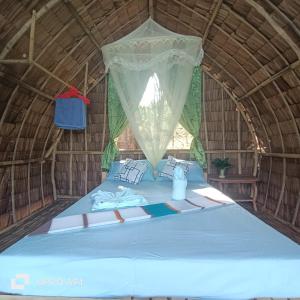 a bed in a thatch roofed room with a blue bed sidx sidx sidx at Tress Maria's beach resort in Brother Islands +45 photos