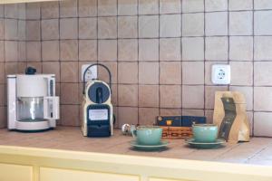 a kitchen counter with two cups and a blender at Villa Matakia in Áno Potamiá