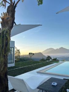a villa with a swimming pool next to a tree at Pinggan Plato in Baturaja