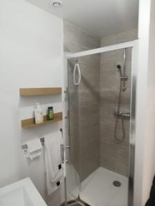 a bathroom with a shower with a glass door at Le Coeur du Beffroi in Douai
