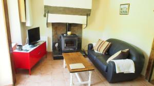 a living room with a couch and a wood stove at Les 3 pruniers in Cieux +7 photos