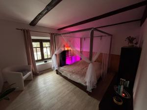 Un dormitorio con una cama con dosel con iluminación violeta. en Underhillhouse, en Liběšice