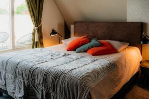 a bed with red and blue pillows and a window at Herberg d'n brouwer in Zeeland