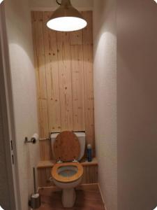 a bathroom with a toilet with a wooden wall at Jonquille 5 personnes in Chamonix