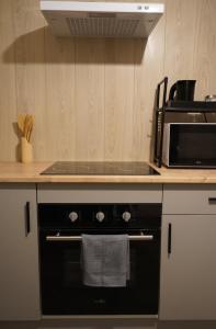 a kitchen with a stove and a microwave at Studio - Free Parking - Netflix - Wi-Fi in Brive-la-Gaillarde