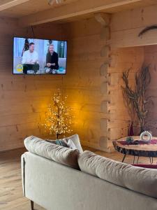 a living room with a couch and a tv on a wall at Cicha Ostoja in Czarny Dunajec