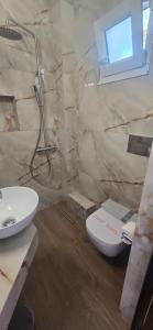 a bathroom with a toilet and a sink at Studios Kofos Limin in Porto Koufo +45 photos