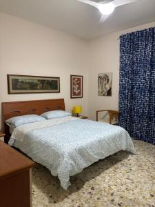 a bedroom with a bed and a blue curtain at Mary's House in Ciampino