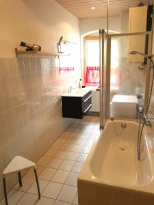 La salle de bains est pourvue d'une baignoire, d'un lavabo et de toilettes. dans l'établissement Ferienwohnung 1 Christiansdorf Freiberg, à Freiberg