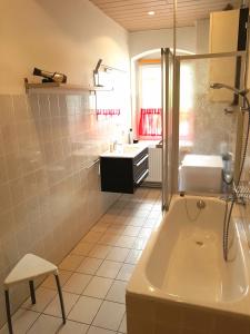 フライベルクにあるFerienwohnung 1 Christiansdorf Freibergの浴槽、洗面台、トイレを備えたバスルーム
