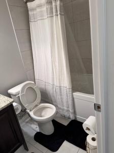 a bathroom with a toilet and a shower curtain at Quiet Comfortable 1-Bedroom in Calgary