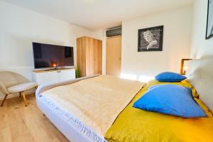 a bedroom with a bed with blue pillows and a television at Volt Egyszer Egy Apartman Pécs in Pécs