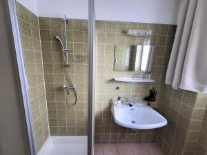 a bathroom with a shower and a sink at Privatzimmer Haus Lienbacher in Mittersill +3 photos